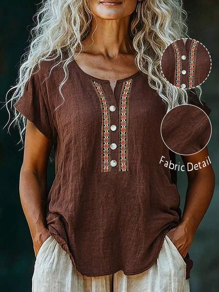 Breezaya Women's Geometric Pattern Button Casual Versatile Daily Wear Short Sleeve Top - Brown - View 1