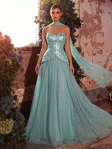 Glamrae Women's Beaded & Rhinestone Decorated Strapless Formal Evening Gown - Mint Green - View 5