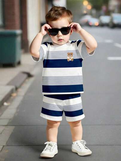 2pcs/Set Toddler Boys' Casual Creative Cute Bear & Heart Striped Print Short Sleeve T-Shirt And Shorts, Comfortable Daily Outfit For Spring, Summer