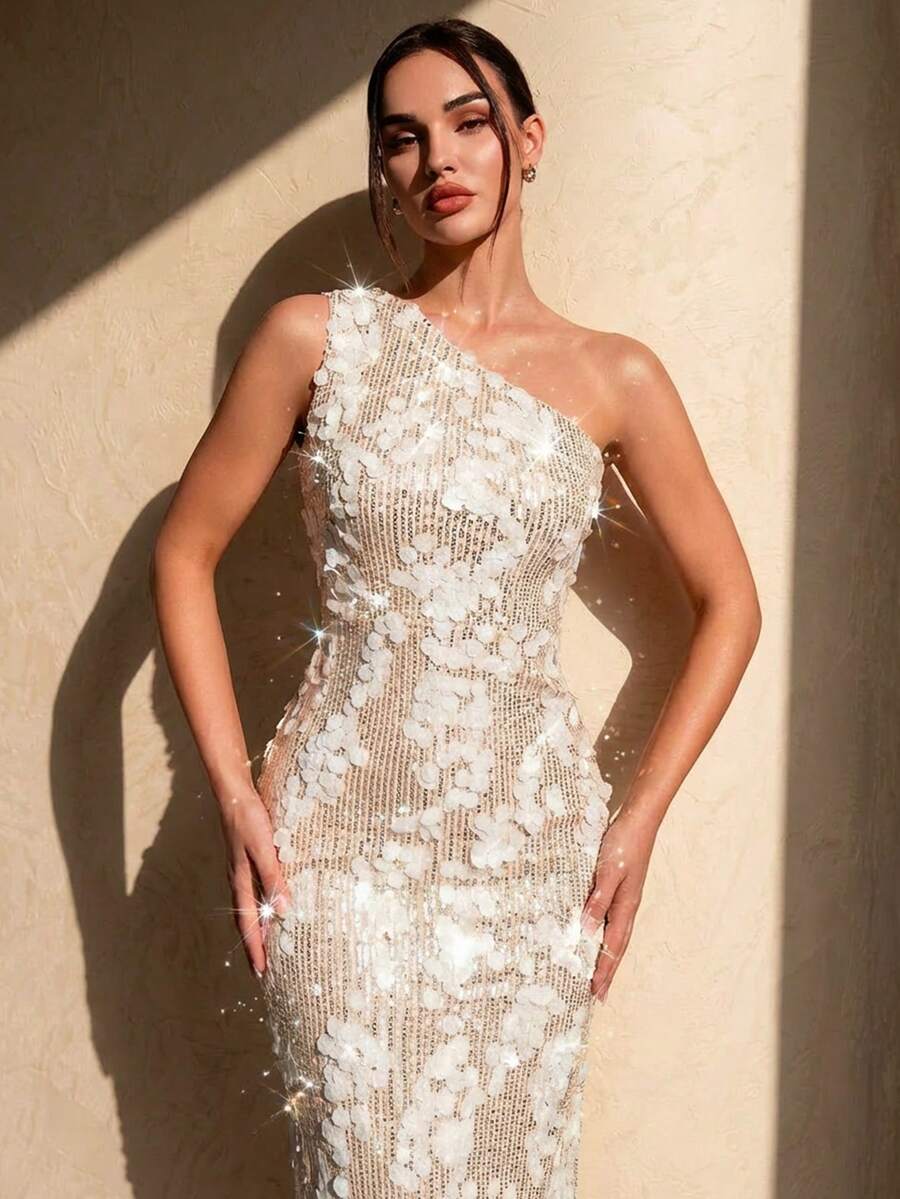 SHEIN Glamour 新款杏色银色亮片拉链修身单肩开衩大腿中长女装 - 杏色 - 查看 1