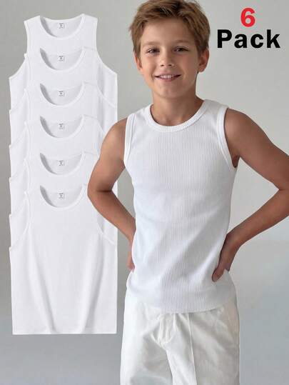 6pcs Tween Boys' Casual Solid Color Fitted Undershirt, White Sleeveless Vest, Suitable For Summer And Spring