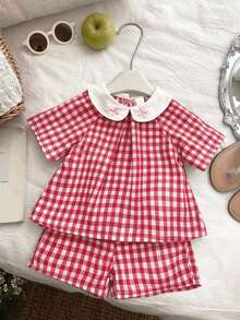 SHEIN Vintaside Kids 2件套女婴新生儿春夏优雅公主风白色绿色彼得潘领荷叶边上衣+短裤套装 - 紅色 - 查看 6