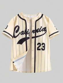 Sparklyn 三件套少女时尚运动套装 - 黑色条纹复古字母印花宽松外套衬衫、白色修身吊带背心、黄色短裤 - 卡其色 - 查看 7