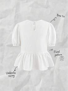 Chiquease Women's White Textured Ruffle Tie Bow Casual Blouse, Suitable For Date, Daily, Party, Commute, Afternoon Tea, Spring/Summer White Peplum Top Peplum Blouse White Babydoll Top Babydoll Tops Woman Puffed Sleeve Top Tie Front Top Ruffle Hem Top - White - View 2