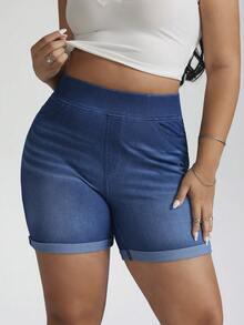 SHEIN Tall CURVE 夏季加大码女式高挑曲线休闲运动装日常通勤舒适透气高弹面料高腰修身牛仔蓝色短裤 - 中等水洗藍 - 查看 6