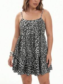 Solavibe Plus Size Leopard Print Casual Sleeveless Dress For Women, Summer/Autumn - Dark Grey - View 5