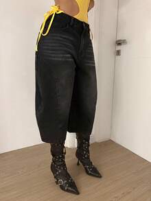 StreetHx Women's Pentagram Pocket Wide Leg Loose 7/8 Length Jeans - Black - View 4