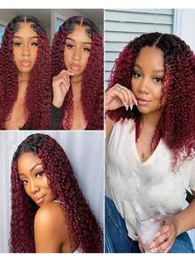 13x4 透明蕾丝前假发，真人发，1B/99J 深波浪卷发，180% 密度，预先拔毛，带婴儿发，1B 酒红色深波浪卷发，女士款 - S1B/99J - 查看 7