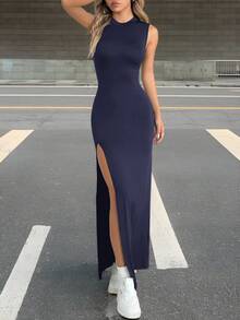 SHEIN EZwear 女士优雅休闲开衩连衣裙，藏蓝色，轻盈舒适，夏季必备单品 - 藏蓝色 - 查看 3
