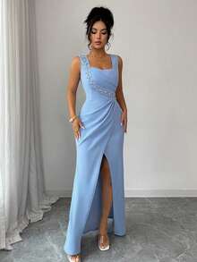 SHEIN Elenzya Đầm dự tiệc cocktail nhẹ nhàng, cổ vuông đính ngọc trai, viền bèo nhún, xẻ tà thanh lịch, lãng mạn, tinh tế dành cho quý cô - Màu xanh lam - Xem 5