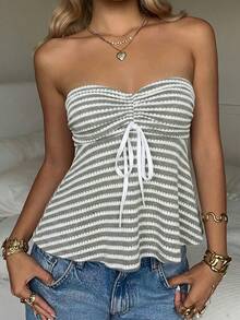 CovetEZ Grey Striped Ruched Bandeau Top, Summer,Summer Top - Multicolor - View 6