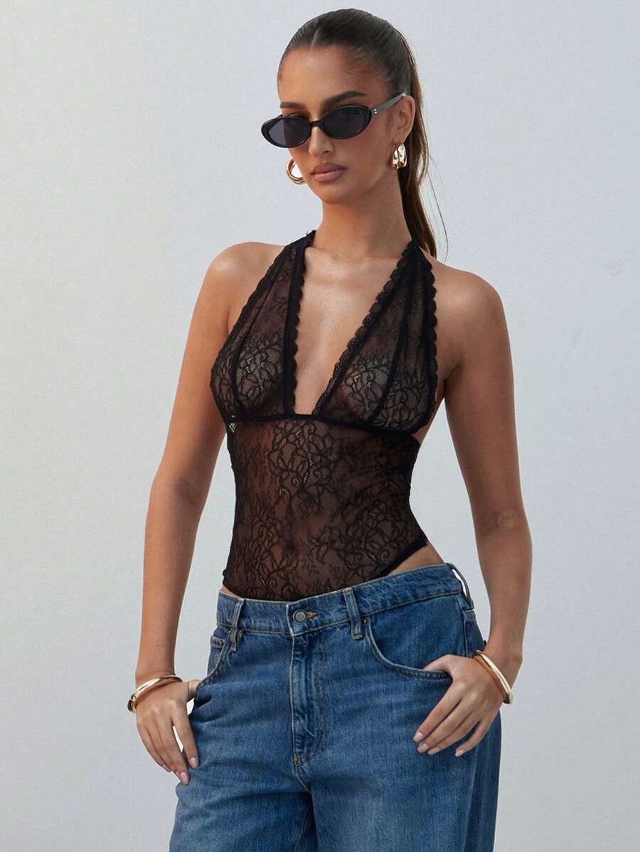 SHEIN Haute Women's Sexy Halter Neck Sheer Lace Backless Bodysuit - Black - View 1