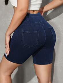 SHEIN Tall Women's High Waist Pocketed Casual Versatile Daily Wear Denim Shorts - Dark Wash - View 3