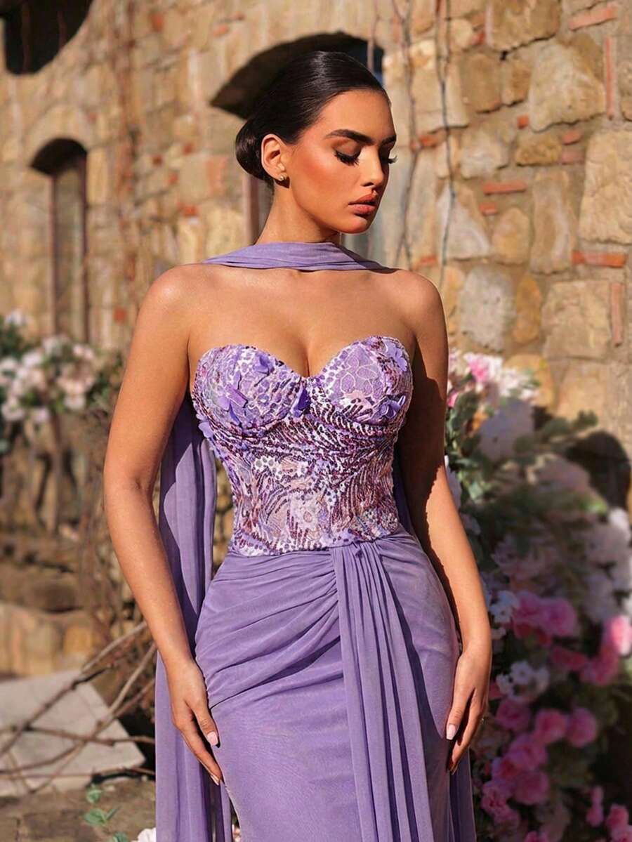 Glamrae Elegant Purple Luxury Romantic Handmade Embroidered Sequin Mermaid Hem High Stretch Mesh Tube Top With Boned Waist Ruched Fishtail Hem (Detachable Halter Included), Suitable For Dates, Vacations, Singles Parties, Weddings, And All Formal Occasions, Women's Evening Gown - Purple - View 1