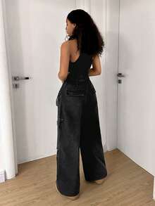 StreetHx Women's Fashion Pocketed Denim Bib Pants - Black - View 2