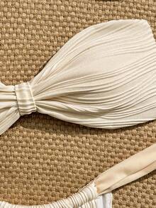Swim Mod 2pcs Textured Solid Color Bandeau Bikini Set For Women, Suitable For Sunny Beach - Beige - View 4