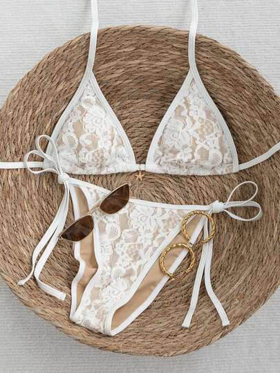 Swim Vcay 2026 Spring/Summer Colorful Lace Floral Skin-Tone Lining Spaghetti Strap Halter Back Tie Side High Cut Bikini Two Pieces Swimsuit, Vacation Style