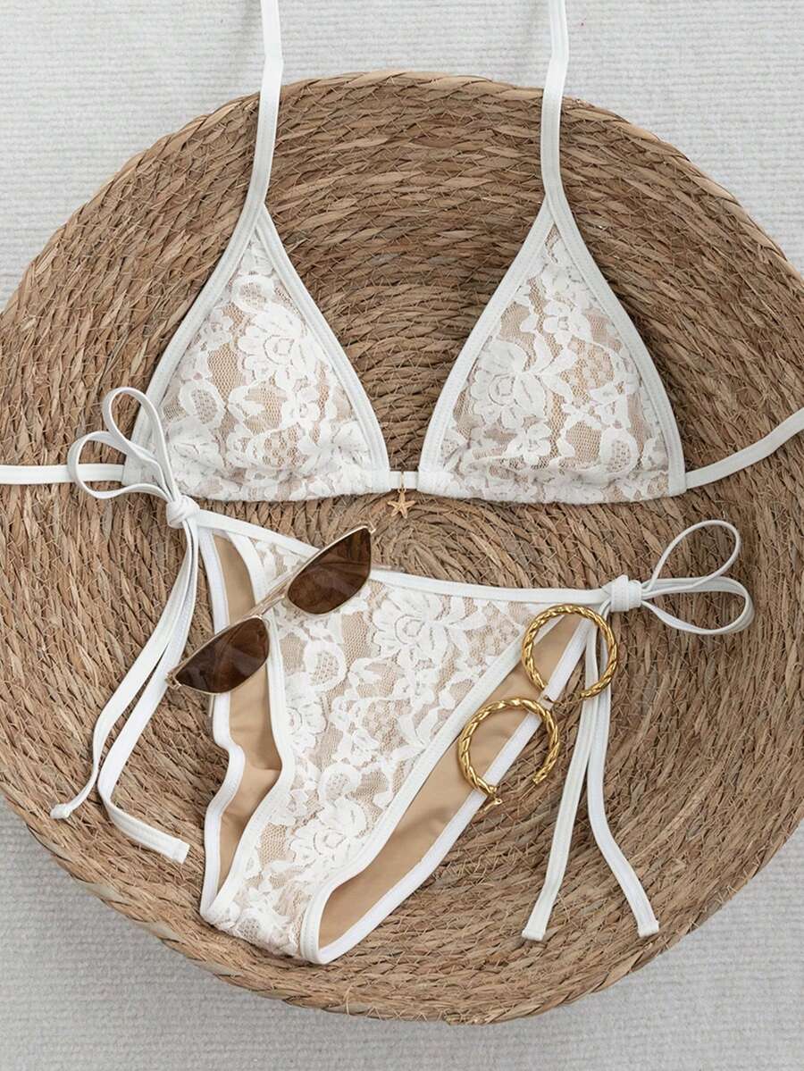 Swim Vcay Bikini Dua Potong Model Liburan Musim Semi/Panas 2026 dengan Motif Bunga Renda Warna-warni, Lapisan Warna Kulit, Tali Bahu Tipis, Model Halter Belakang, Tali Samping, Potongan Tinggi - Krem - View 1