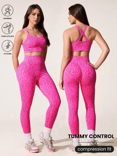 Core Rhythm Women's Seamless Leopard Print Pink Sports Set, Criss-Cross Back Racerback Tank Top And 7/8 Leggings Yoga Outfit High-Rise Waist Workout Set Leopard Print Workout Set Tummy Control Workout Set Compression Fit Workout Set Two Piece Yoga Set 2 Pc Workout Set Curve Workout Set Matching Workout Set Pink Workout Set