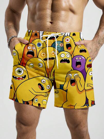 ZELFYO شورت كاجوال للرجال بخصر مرن وطباعة كرتونية للشاطئ