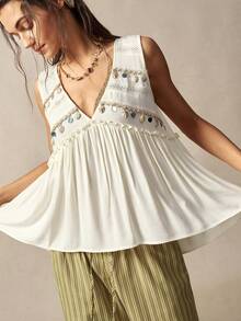Bohemela Women's Off-White Boho Summer Tank Top,Vacation Holiday Handcrafted Shell Tassel Patchwork Ruffled Hem Casual Sleeveless Top For Beach Festival - Apricot - View 3