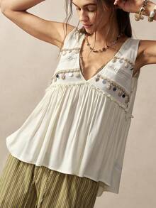 Bohemela Women's Off-White Boho Summer Tank Top,Vacation Holiday Handcrafted Shell Tassel Patchwork Ruffled Hem Casual Sleeveless Top For Beach Festival - Apricot - View 7
