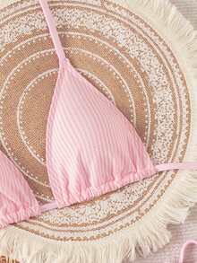 Swim Vcay Bộ bikini 3 mảnh màu xanh dương, dây mảnh, cổ yếm, chất liệu vải kẻ sọc xanh trắng, thích hợp cho nữ, mùa Xuân/Hè 2026. - Hồng - Xem 5