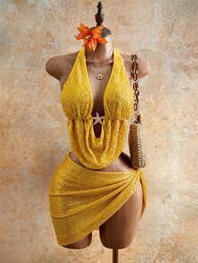 Mistrie Women's Plunge Neck Metallic Starfish Decor Sexy Halter Sequin Blouse - Yellow - View 1