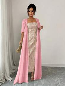 Elenzga 2025 Spring/Summer High-End Minimalist Blue Strapless White Shawl Collar Dress - Pink - View 5