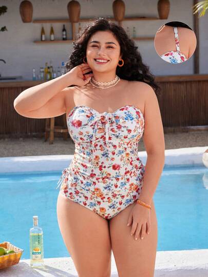 Swim Mod Plus Size 2pcs Set: Detachable Strap Scoop Neck Top With Bow Tie Waist Design, Paired With High Waist Triangle Bottoms, Tropical Floral Random Print Sweet & Cute Bikini Swimsuit Set, Suitable For Summer Beach And Vacation