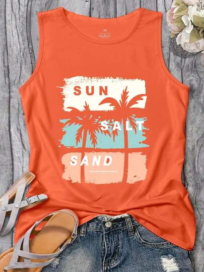 SHEIN LUNE Camiseta sin mangas de mujer talla grande con estampado de letras y palmeras para vacaciones