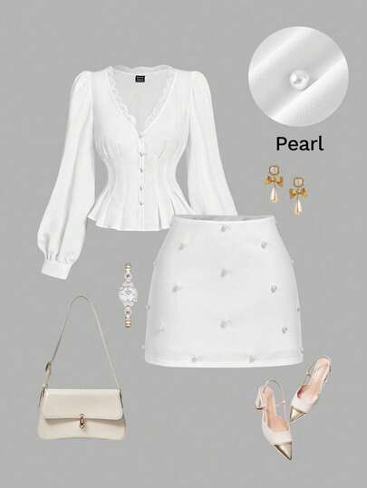 SHEIN MOD Plus Size White Pearl Embellished Fitted Mini Skirt, Suitable For Spring/Summer Parties, Gatherings, Dates