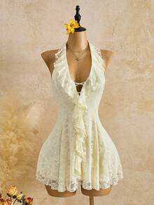 Femesol Women's Sexy Lace Halter Dress - Apricot - View 3