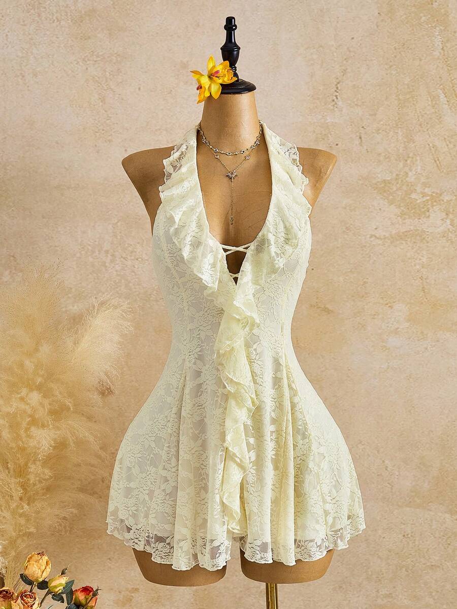 Femesol 女士性感蕾丝吊带连衣裙 - 杏色 - 查看 1