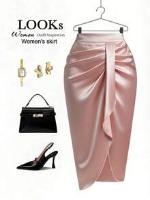 Qadelle 女士纯色褶裥不对称下摆半身裙 - 粉色 - 查看 3