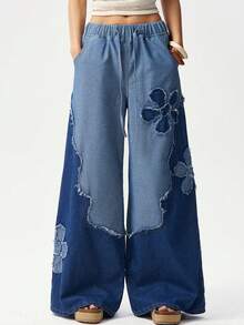 Bohemela Women's Casual Woven Patchwork Loose Wide Leg Pants - Blue - View 1