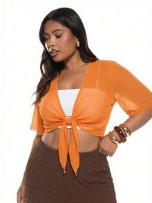 Solavibe Orange Casual Minimal Translucent Plus Size Thin Jacket - Burnt Orange - View 4