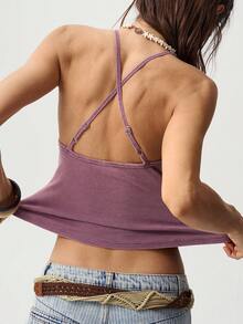 Bohemela Women's Casual Criss-Cross Backless Halter Top, Versatile For Daily Wear - Purple - View 6
