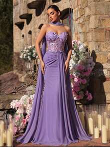 Glamrae Elegant Purple Luxury Romantic Handmade Embroidered Sequin Mermaid Hem High Stretch Mesh Tube Top With Boned Waist Ruched Fishtail Hem (Detachable Halter Included), Suitable For Dates, Vacations, Singles Parties, Weddings, And All Formal Occasions, Women's Evening Gown - Purple - View 7