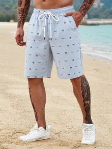 Manfinity RSRT 男士夏季休闲印花抽绳腰沙滩短裤 - 霧霾藍 - 查看 3