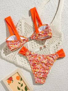 Swim Vcay Set de 2 piezas de traje de baño y shorts de baño con estampado aleatorio para mujer, conjunto de traje de baño elegante y casual para vacaciones en la playa - Multicolor - Ver 3