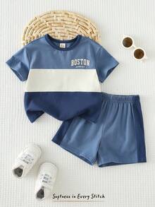 Cozy Pixies 2pcs Baby Boy Contrast Color Knit Soft Round Neck Short Sleeve Top And Elastic Waist Shorts Set - Apricot - View 3