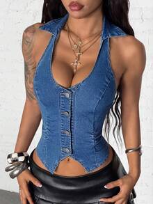 StreetHx Women's V-Neck Single-Breasted Sexy Fitted Halter Denim Blouse - Blue - View 1