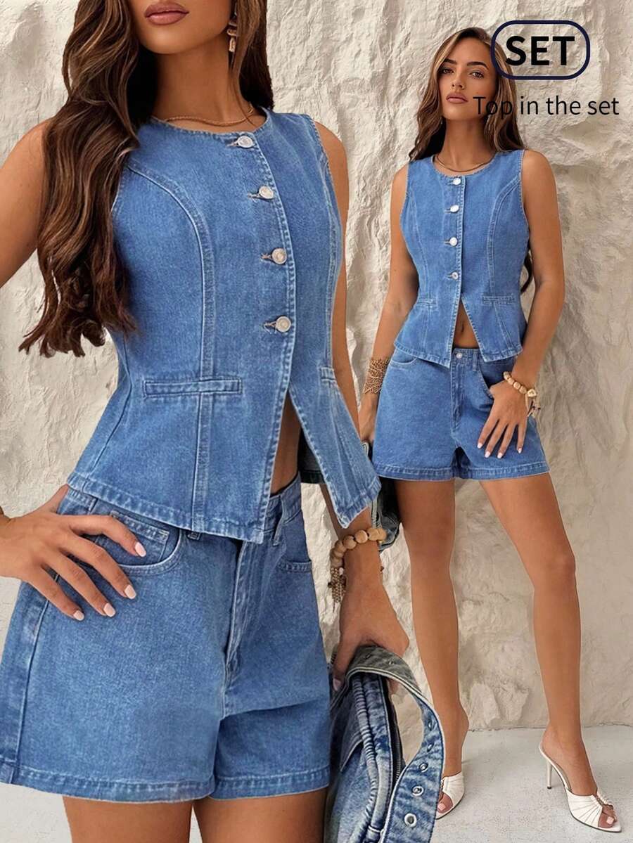 TRNVIE Women's Casual Sleeveless Single-Breasted Jacket, Suitable For Daily Commute And Vacation, Summer - Medium Wash - View 1