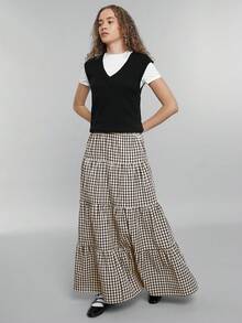 Women's Brown Plaid Print High Waist Ruffle Hem Skirt, Spring/Summer - Brown - View 3