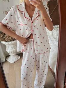 CottageSlumber 女士针织樱桃印花纽扣装饰短袖睡衣套装 - 彩色 - 查看 3