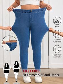 SHEIN Tall CURVE Quần jean skinny cạp cao ôm sát, co giãn, màu xanh denim dành cho nữ cỡ lớn, có túi, thích hợp cho thể thao và du lịch. Quần jean cạp cao ôm sát, dáng suông, dành cho nữ cỡ lớn, đã qua xử lý giặt, dành cho nữ. - Rửa trung bình - Xem 3