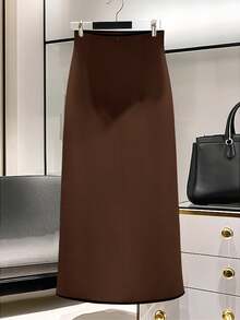 Franclia 优雅高腰开衩裙，时尚显瘦，适合秋冬 - 棕色 - 查看 2