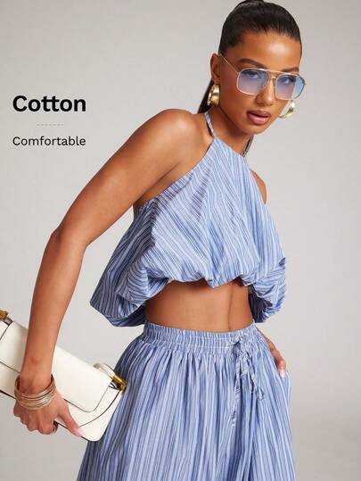 NYA SZN Matching Set Top And Pant Halter Top Balloon Hem Striped Barrel Leg Trouser Jogger Easter Club Day Brunch Casual Everyday Going Out Party Special Occasion Travel Vacation Office Siren Western Country Date Night Elegant Luxury Outfits For Women