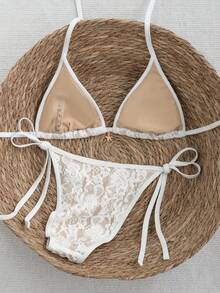 Swim Vcay Bikini Dua Potong Model Liburan Musim Semi/Panas 2026 dengan Motif Bunga Renda Warna-warni, Lapisan Warna Kulit, Tali Bahu Tipis, Model Halter Belakang, Tali Samping, Potongan Tinggi - Krem - View 2